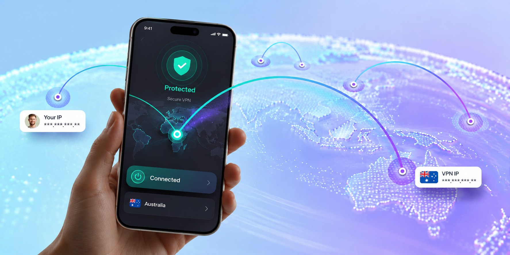 Proton VPN 连接功能配图:手机与全球加密网络